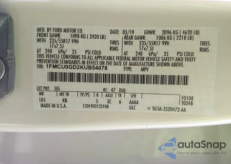 2019 Ford Escape Se z USA, uszkodzony, nr VIN 1FMCU0GD2KUB54078